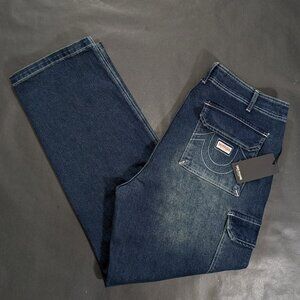 $159 True Religion Denim Cargo Pants Jeans Mens 36x32 Blue Relaxed Straight